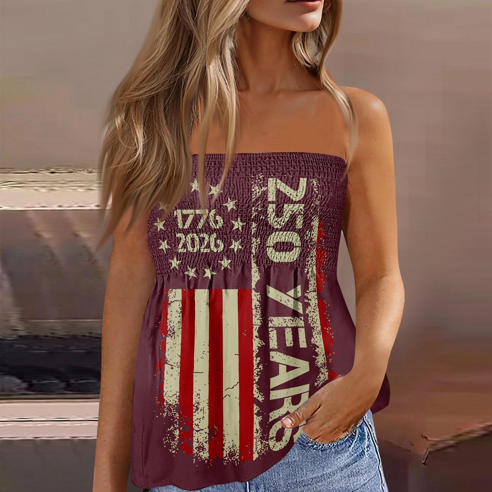 Модный сексуальный женский топ-бандо без спинки, эластичный, с принтом ко Дню независимости XXL винный