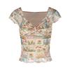 Polyester Floral Offshoulder Short Sleeve Crop Top For Summer Fashionistas