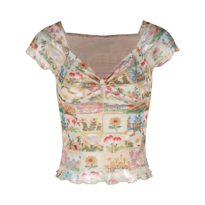 Polyester Floral Offshoulder Short Sleeve Crop Top For Summer Fashionistas