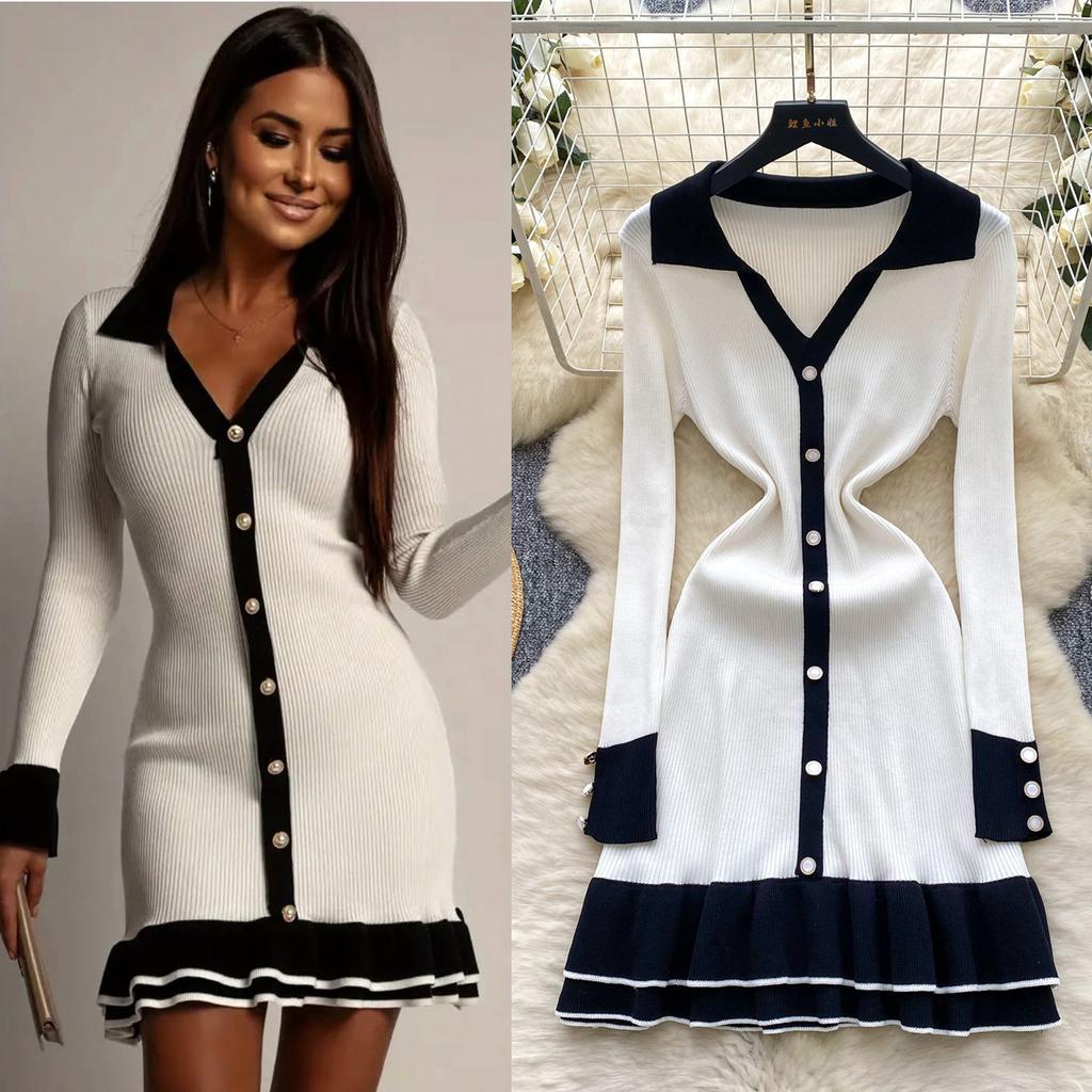French retro contrasting color polo collar long-sleeved single-breasted slim-fit dress women's waist temperament ruffle edge sweater skirt