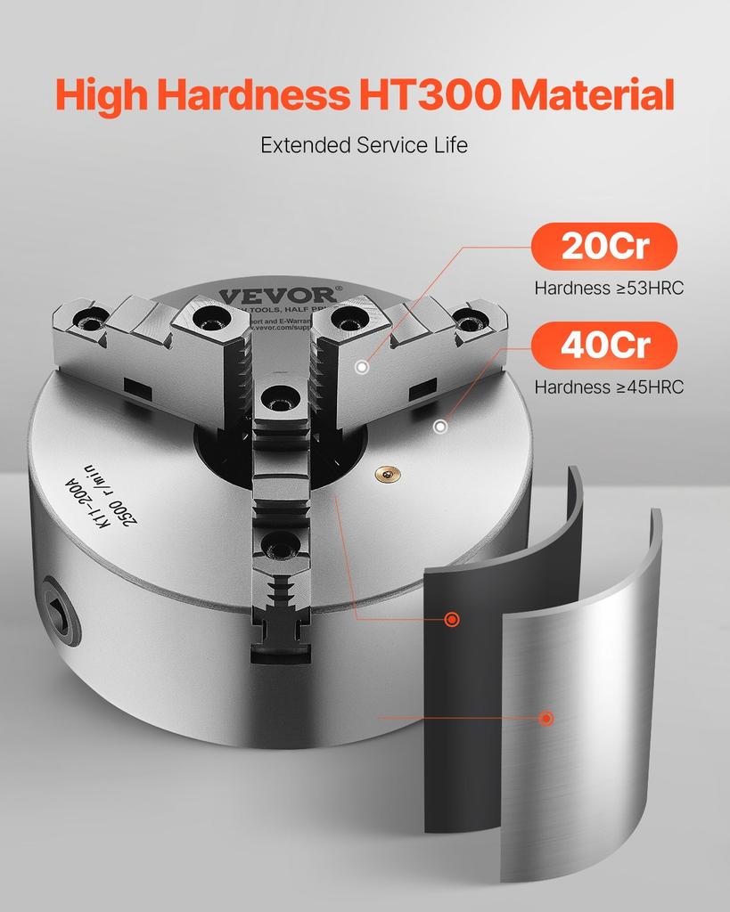 VEVOR 3-Jaw Lathe Chuck, 8 Inch (200 Mm), Self-Centering Chuck with 2 1/4 In-8 Threaded Backing Plate