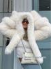 European and American Faux Fur Hooded Patchwork Coat with Faux Fox Fur, Long Sleeves - Women's Short Style.