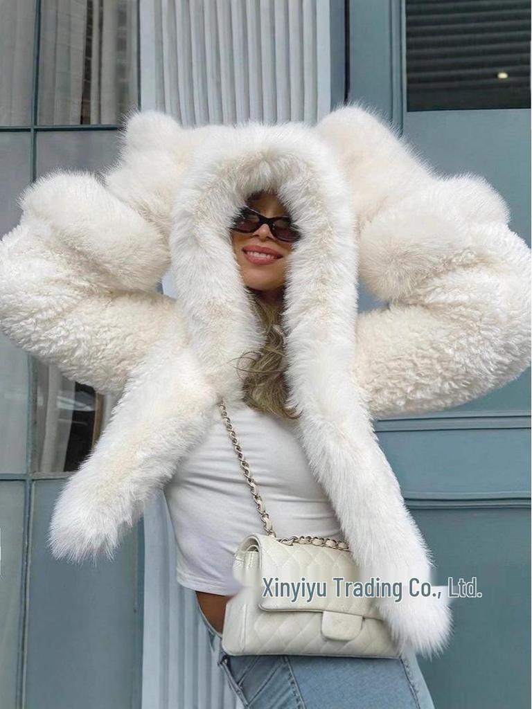 European and American Faux Fur Hooded Patchwork Coat with Faux Fox Fur, Long Sleeves - Women's Short Style.