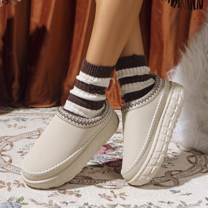 2025 Winter Platform Cotton Slippers Women's Plus Size Muffins Fleece Warm Lace Lazy Toe Slippers