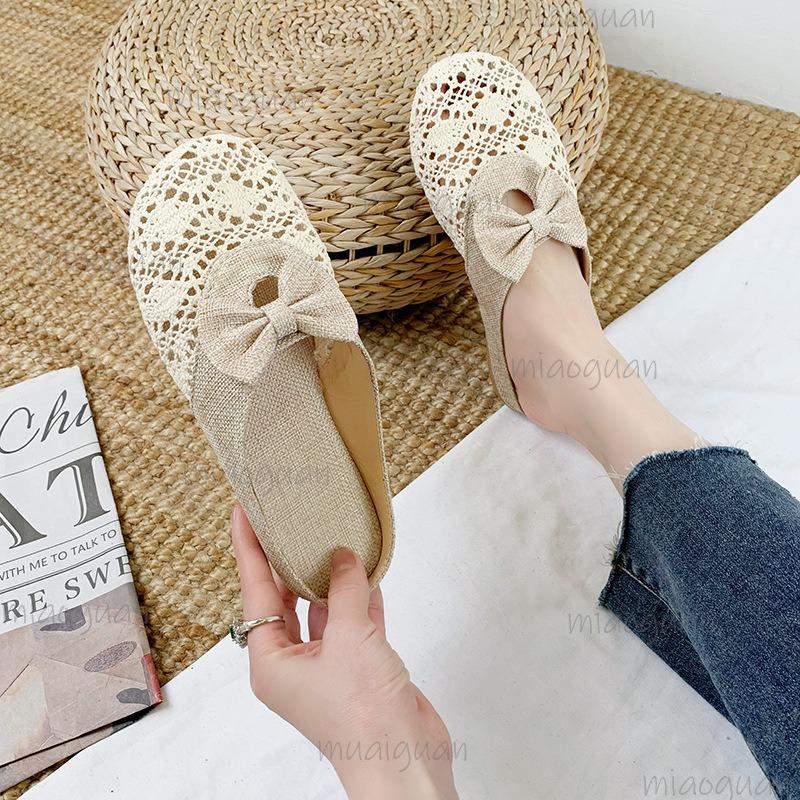 Fashion Slippers for Women Summer 2025 Breathable Mesh Cotton Cloth Cover Toe Slides Indoor Slip On Mules Casual Flats Zapatos De Mujer