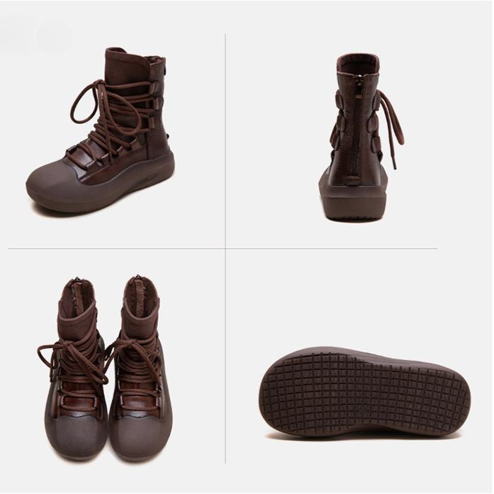 Johnature Botas retrô de cano médio com sola grossa e couro legítimo com cadarço, sapatos femininos