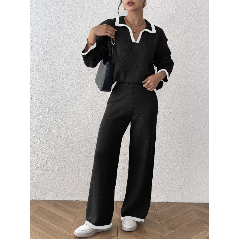 Women Two Piece Set Polo Neck Sweater And Wide Leg Pants