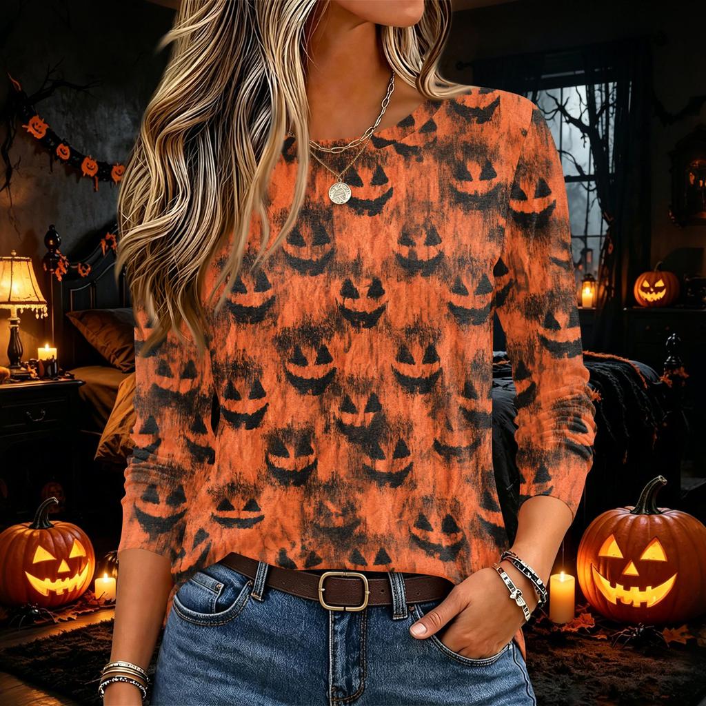 Women's Halloween Printed Neck Long Sleeve Pullover Top