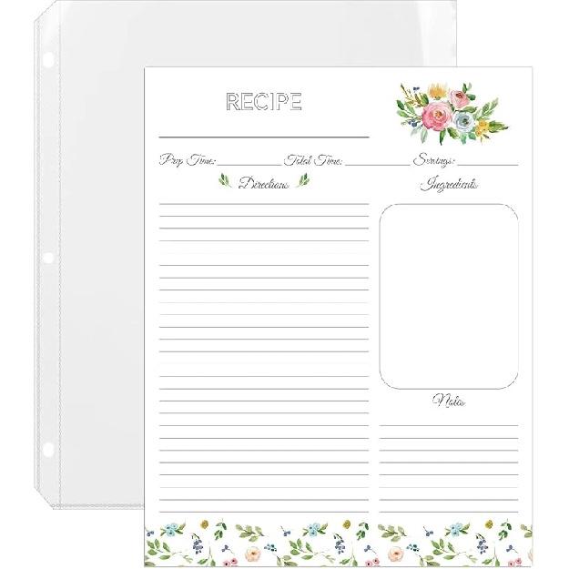 Lubudingjoy Премиальная бумага для рецептов для папок-регистраторов формата 8,5  x 11 , Листы с рецептами яркого дизайна формата Letter, 30 шт. и пластиковые обложки