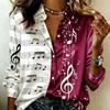 Women Satin Musical Note Score Print Color Block Shirt Long Sleeve Lapel Button‑Down Blouse Elegant Art Music Theme Casual Ladies Multi‑Color Top