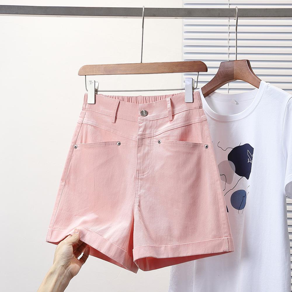 

DIMANAF Плюс Размер Женские Шорты Брюки Летние Свободные Джинсы Короткие Базовые Высокая Талия Твердые Шаровары Эластичный Пояс 5XL розовый