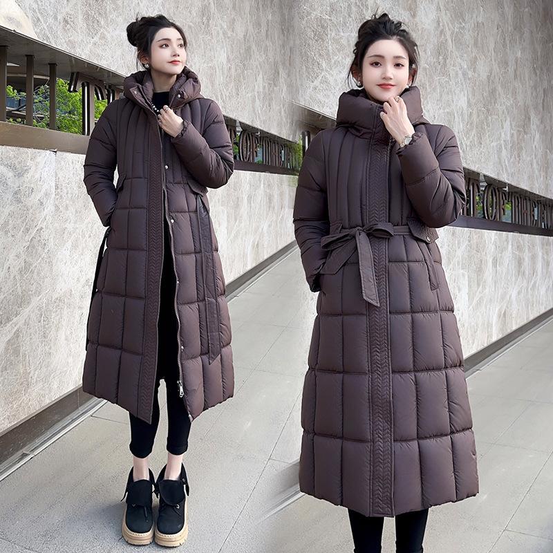 Large size cotton-padded clothes for women over the knee, long slim and thin belt, solid color fashion cold-proof clothes, large cotton-padded clothes