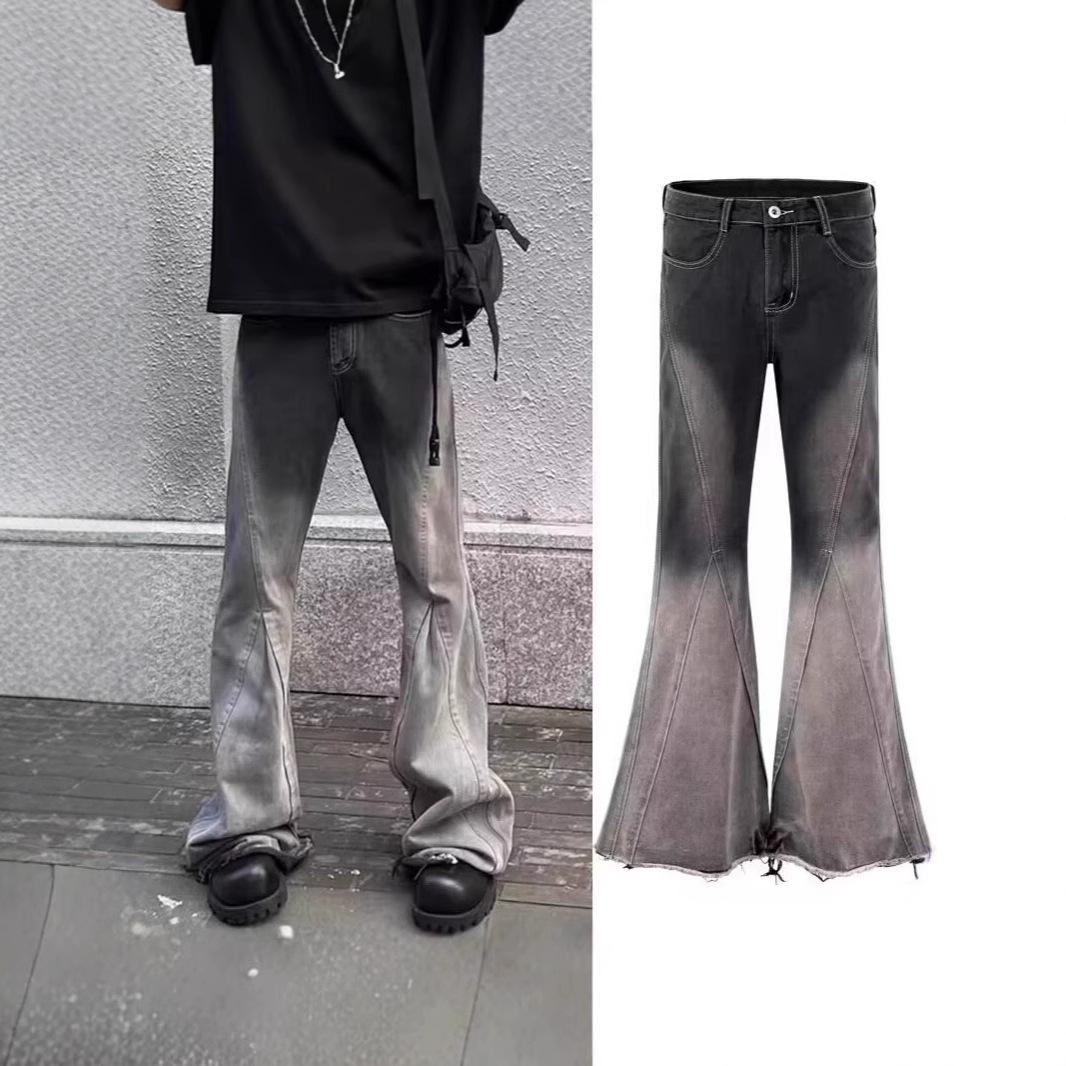 

Unisex American Retro Washed Distressed Black Gray Wide-Leg Micro Flare Jeans Triple Extra Large чорний колір сірий