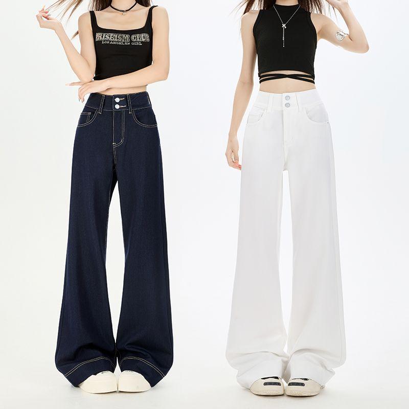 Spring Summer Wrinkle Resistant Four Way Stretch Non Cling Double Button Micro Flare Wide Leg Denim Pants Ladies Casual Pants Oversize Denim Trousers