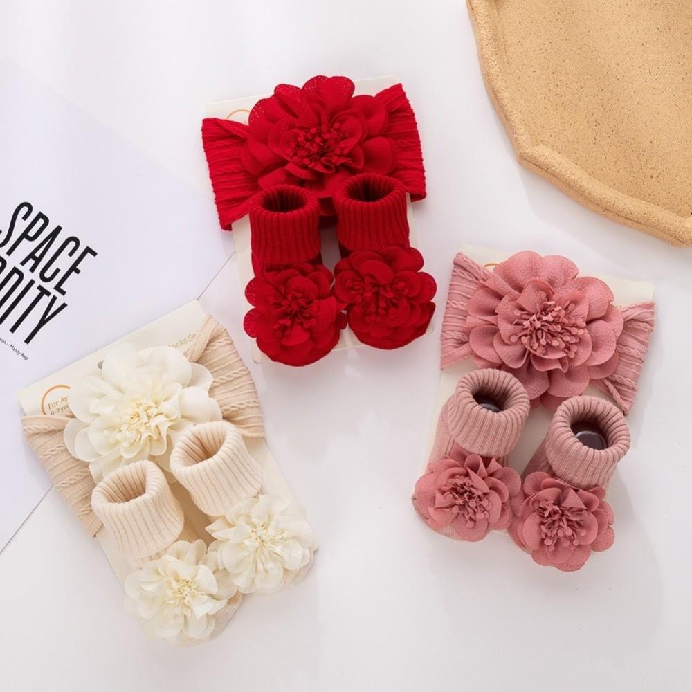 3Pcs/Set Anti Slip Baby Headband Socks Set Lace Flower Cotton Socks Infant Photogrphy Props