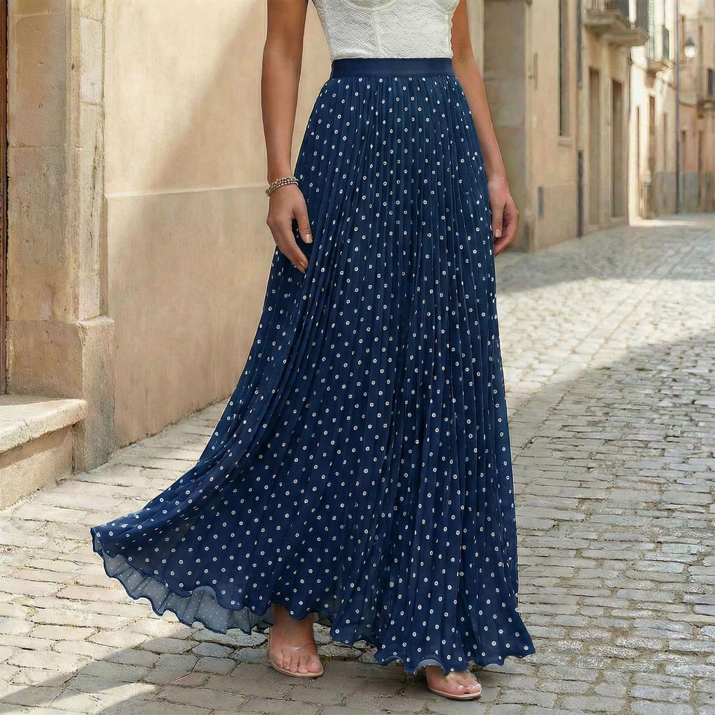 Women Vintage Polka Dot Print Pleated Maxi Skirt Holiday Style High Waist Flowy A Line Skirt for Casual and Everyday Wear
