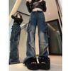 Women's Black Gothic Loose Work Jeans with Stars Harajuku Y2k Aesthetic Vintage Jeans Pockets Design Trousers