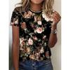 Fashion Women's Crew Neck T-Shirt 3D Flower Color Printing Crew Neck Short Sleeve
