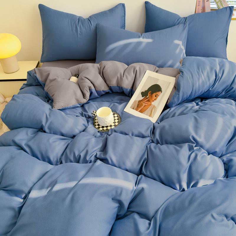 Conjunto de Roupa de Cama Simples de Algodão Lavado Duplamente Torcido - Lençol de Elástico e Capa de Cor Lisa