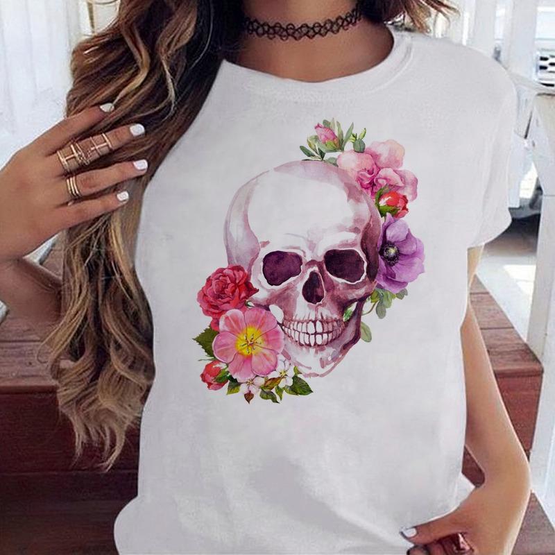 Fashion Skull Flower Print Women T Shirt Summer Casual Short Sleeve O Neck Women Tshirt