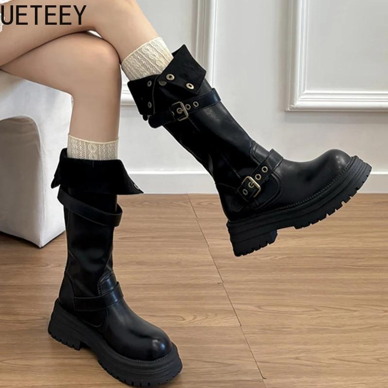 Winter Platform Women Thigh High Boots Fashion Belt Buckle Long Booties Vintage Square Low Heels Ladies Shoes