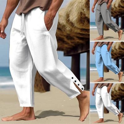 Men Pants Side Pockets Drawstring Elastic Waist Loose Quick-drying Solid Color Slit Gym Traning Beach Sweatpants