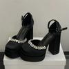 Eilyken Fashion CRYSTAL Diamonds Round Toe Buckle Strap Pumps Women Platform Chunky Heels Banquet Ladies Shoes
