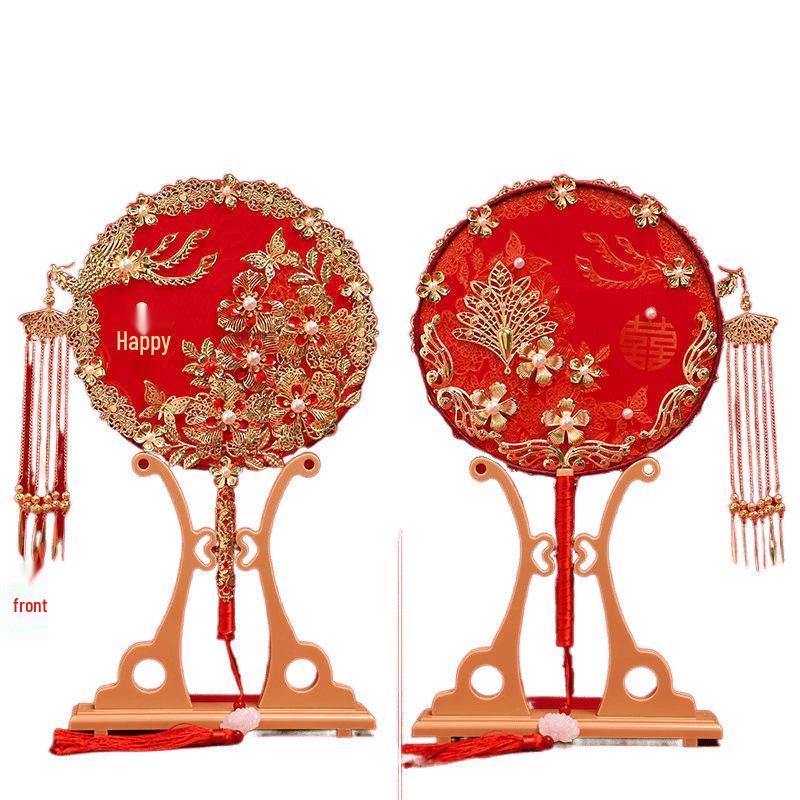 Red Ancient Style Chinese Wedding Fan: Bride's Bouquet & Blessing