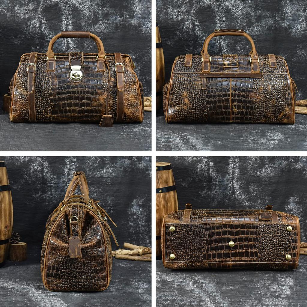 Genuine Leather Boston Bag for Large Fits Travel Cowhide Leather with Crocodile Handbag with Bottom Stands Metal Frame Shoulder Business Trip