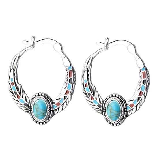 Bohemian Women Faux Turquoise Eagle Feather Carved Huggie Earrings Jewelry Decor