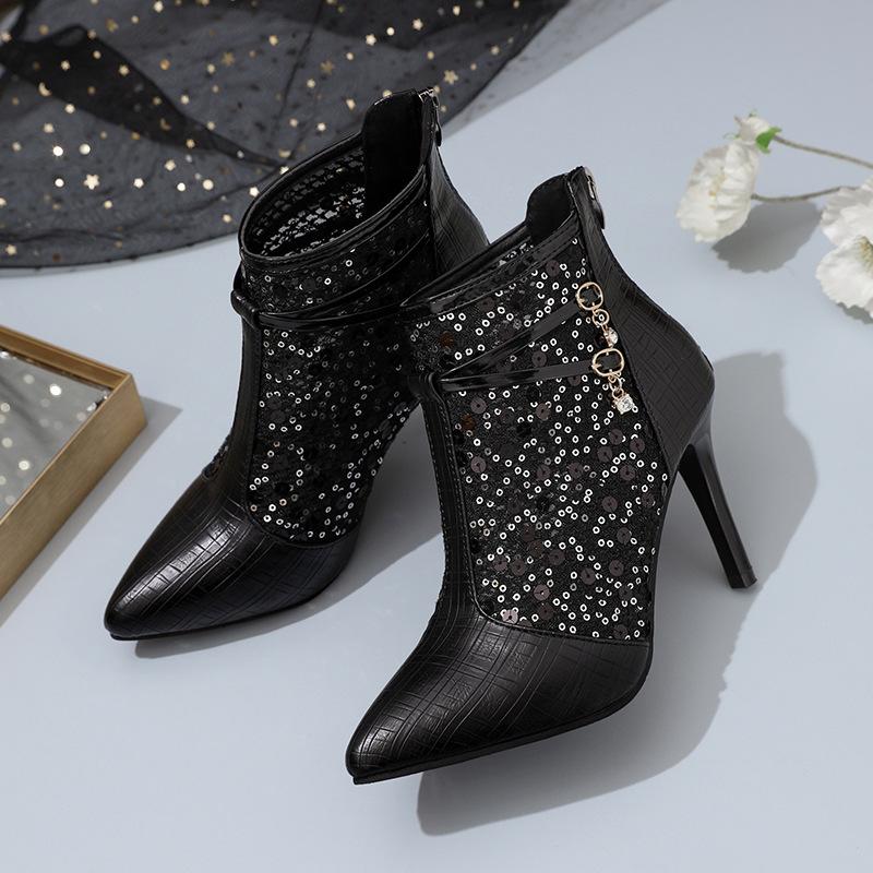 

Внешняя торговля большой размер сетка прохладные сапоги женские 2025 лето новые остроносые с пайетками тонкий каблук высокий каблук полые сетчатые сапоги 42 чёрный