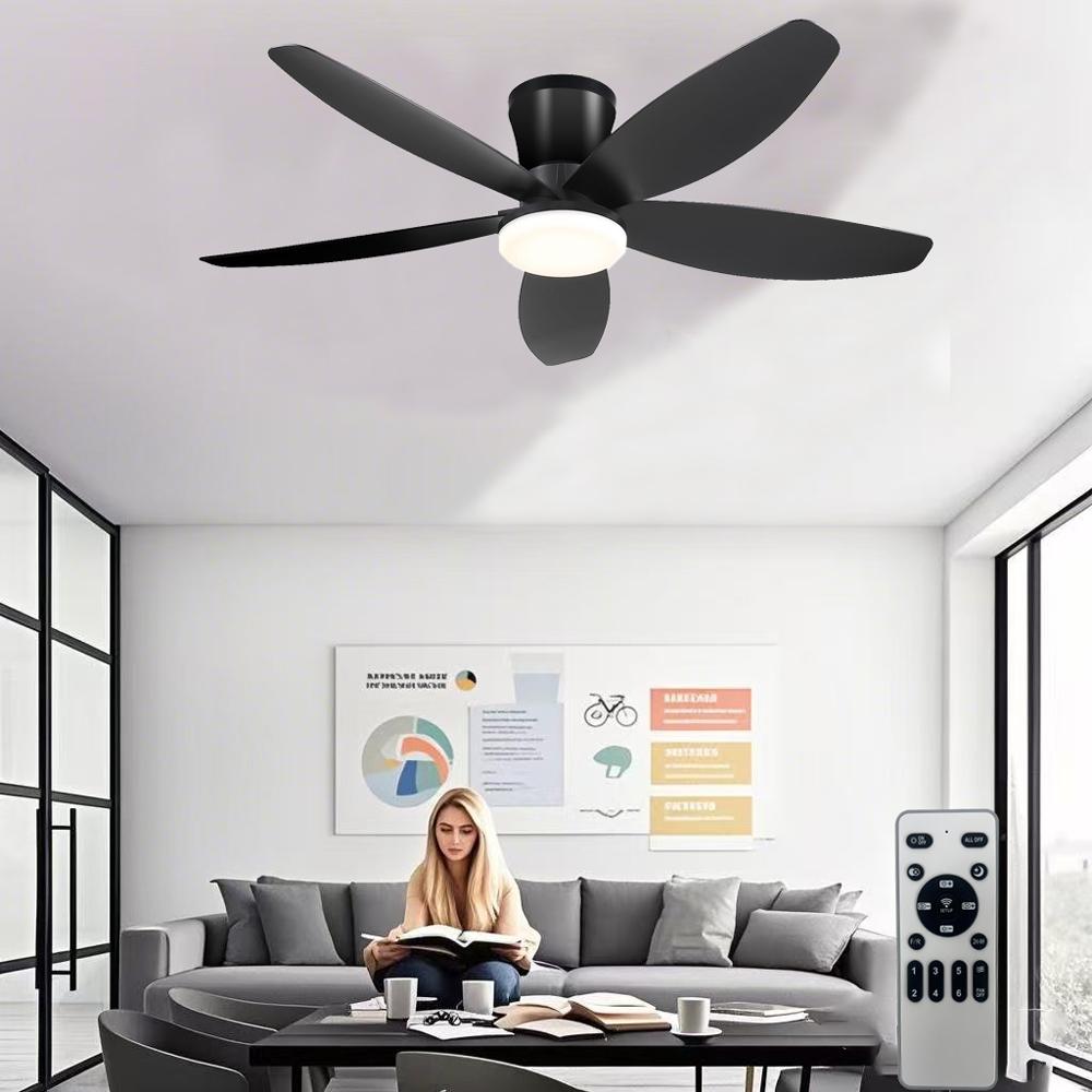 Low-profile ceiling fan with light and remote control, dimmable and silent, suitable for bedrooms and kitchens.