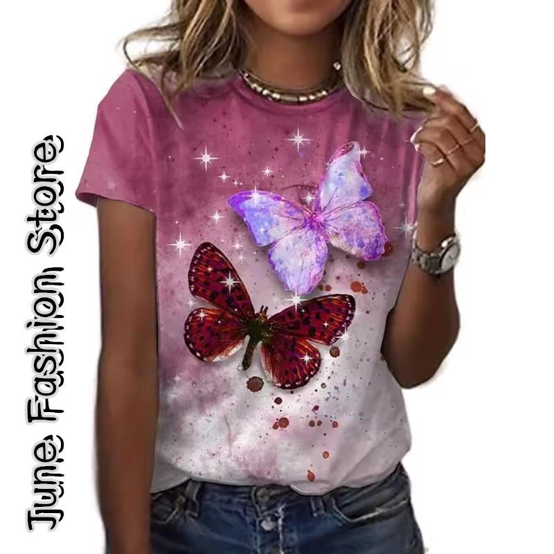 Summer Women's T Shirt Animal Weekend 3D Print Butterfly Graphics Light Green Short Sleeve Tee Fashion Round Neck Tops