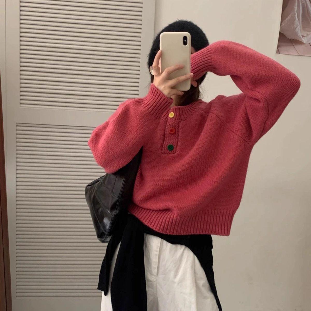 

Women s Preppy Style Korean Style Colorful Button Sweater Loose Lazy Style Soft Casual Thickened Knit Top S