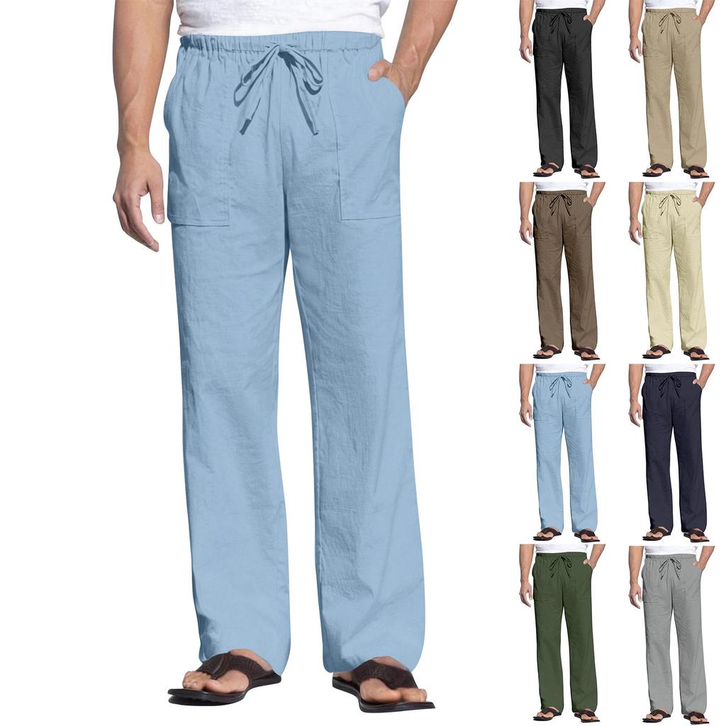 Men's Cotton And Linen Summer Casual Drawstring Pocket Trousers