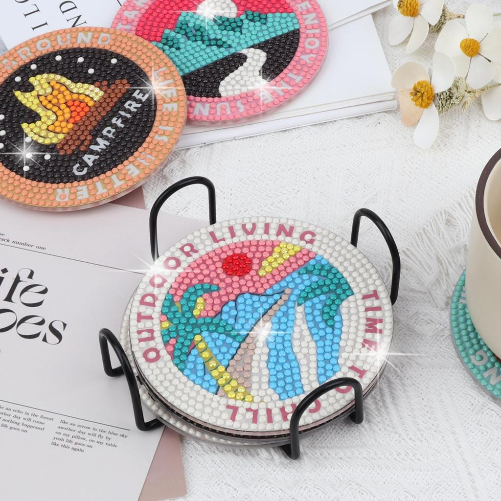 TEMLUM Diamond Art Coaster Kit, Diamond Bead Painting Kit, DIY Handmade 5D Mosaic Art Diamond Painting, 6-Piece Set, Beginner Decorative Gift