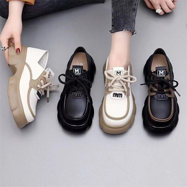 Platform Loafers Small Leather Shoes Women's 2025 New Autumn Fashion Casual Versatile Lace-up British Height-increasing Single Shoes