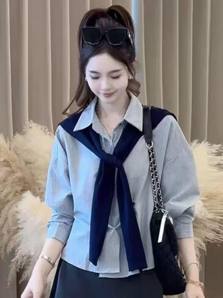 Korean Striped Shawl Long Sleeve Two-Piece Set for Women - 2026 Autumn Slimming Versatile Top