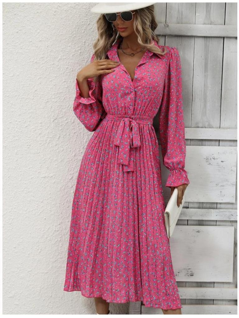 Turndown Collar Printed Pleated Dress Straps Dazzling Length Dress Elegant Long Sleeve Dresses Causal Women Dress