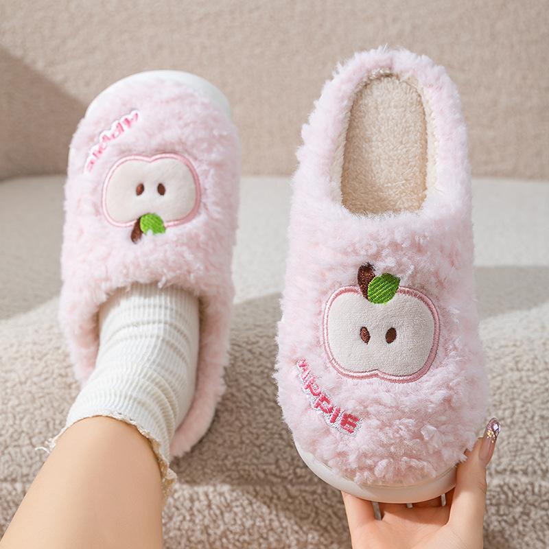 Cotton slippers apple embroidery autumn and winter thick-soled velvet warm home cotton shoes couple shoes