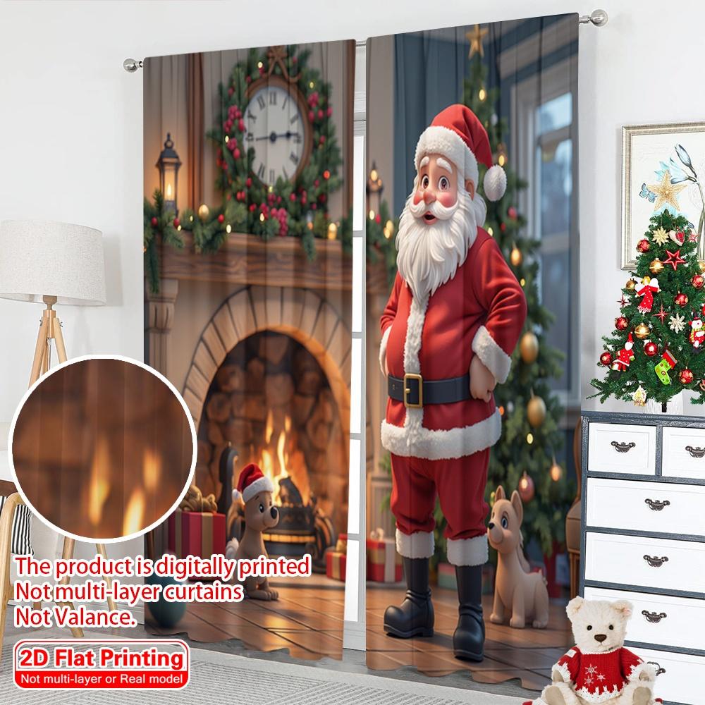 2pcs 2D flat printing Merry Christmas Scene Curtains Santa Claus Christmas Stocking Fireplace Fabric Without Electricity 0 for