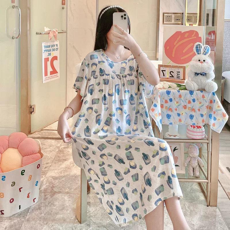 Nuisette Mi-Mollet en Coton Soie pour Femme - Pyjama d'Été Grande Taille Vêtement d'Intérieur pour Femmes d'Âge Moyen et Âgées