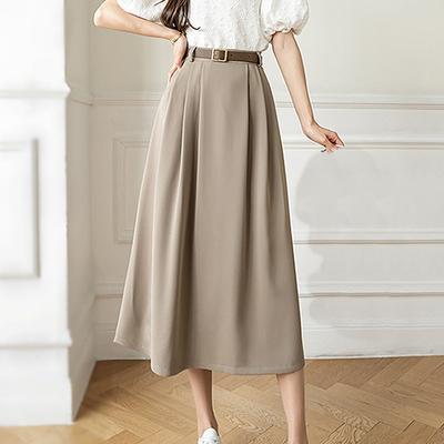 Qooth Spring Women High Waist A-line Sashes Skirt 2022 New Style Elegant Mid-length Long Office Lady Solid Skirt