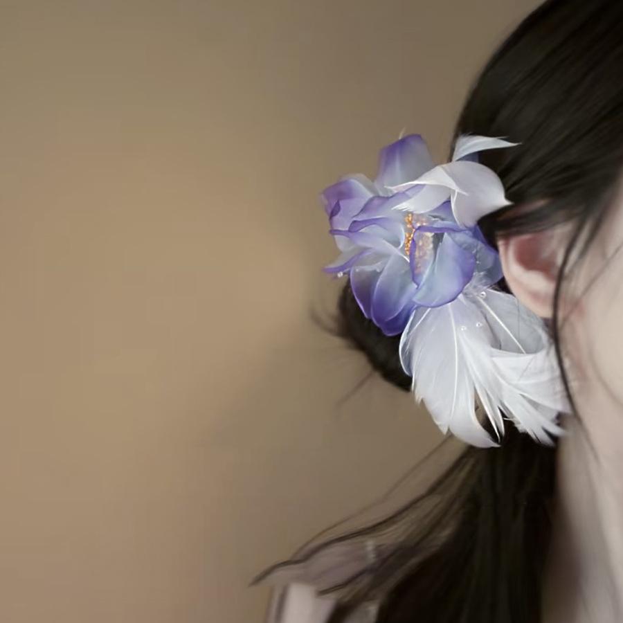 Fabric Flower Feather Side Hairpin Fashion Temperament Duck Bill Clip Fresh and Sweet Atmosphere Hair Accessories Headgear
