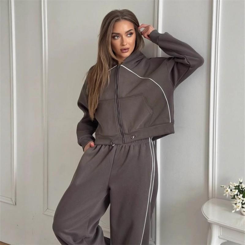 Womens 2-Piece Tracksuit Solid Color Long Sleeve Zip Up Top Elastic Waist Pants Casual Sportswear