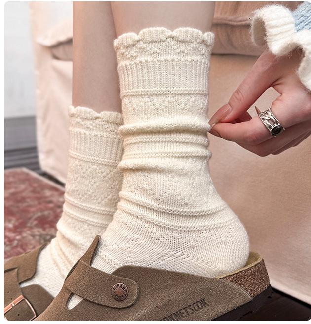 Rhombus Lace Autumn And Winter Stacking Socks Children'S Knitted Warm Medium Tube Calf Socks Basic Solid Color Boneless Soft Waxy Cotton Socks