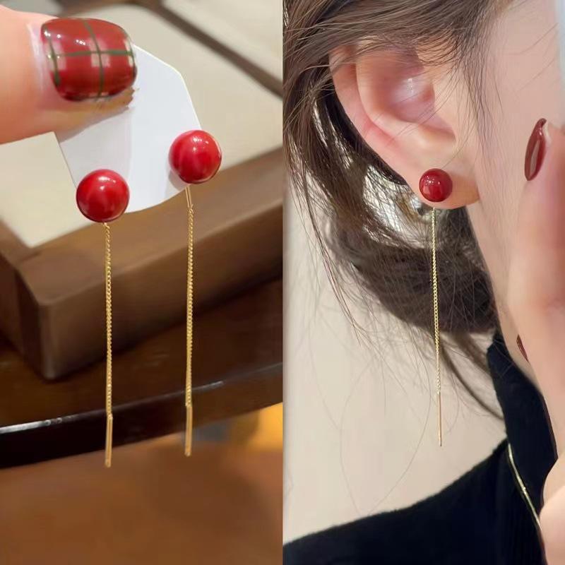 Elegant Red Abrus Tassel Ear Cuffs: Women s High-End, Versatile, Light Luxury Earrings