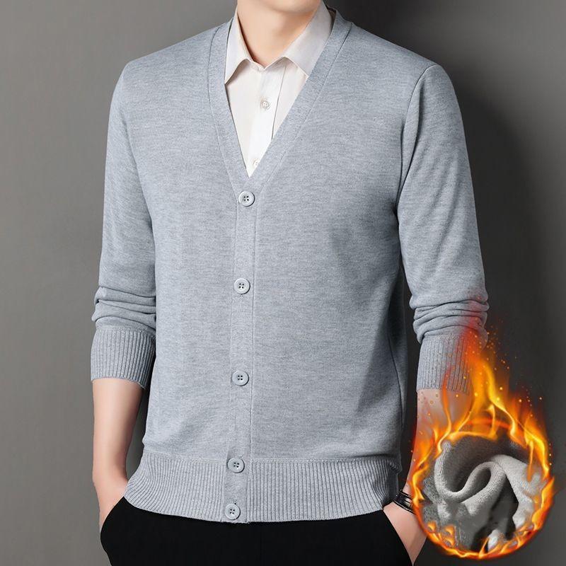 Men's Fall/Winter V-Neck Fleece-Lined Warm Cardigan: Knit Jacket for Middle-Aged and Elderly Men