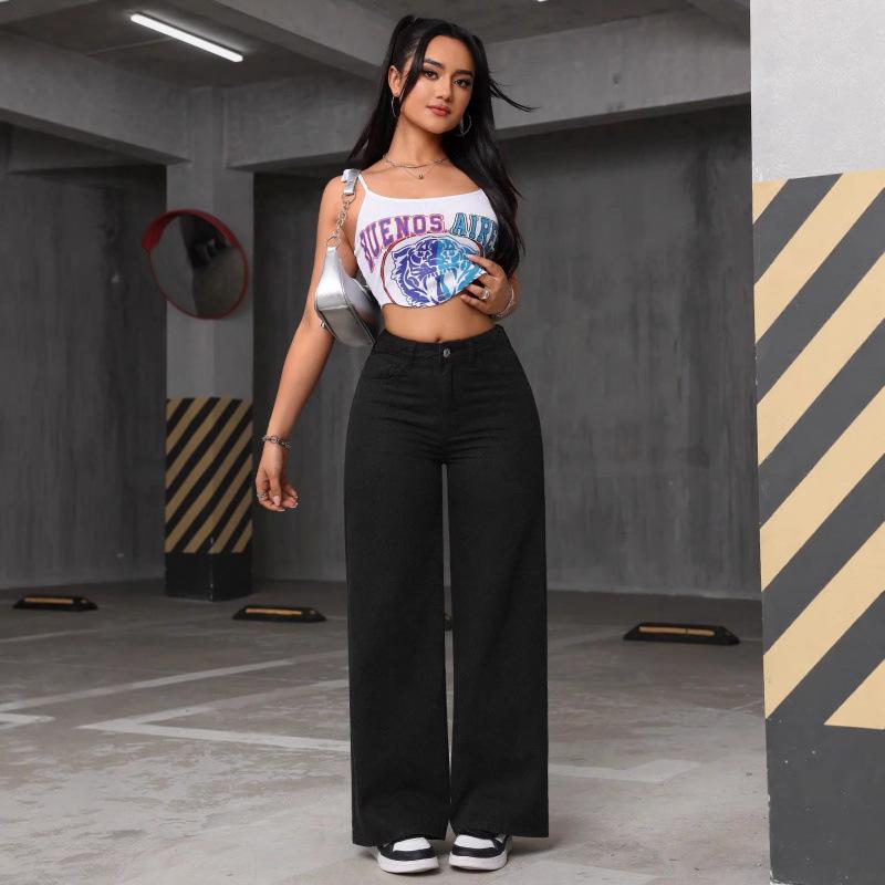 Multicolor European & American High-Waisted Loose Wide-Leg Floor-Length Casual Jeans for Women
