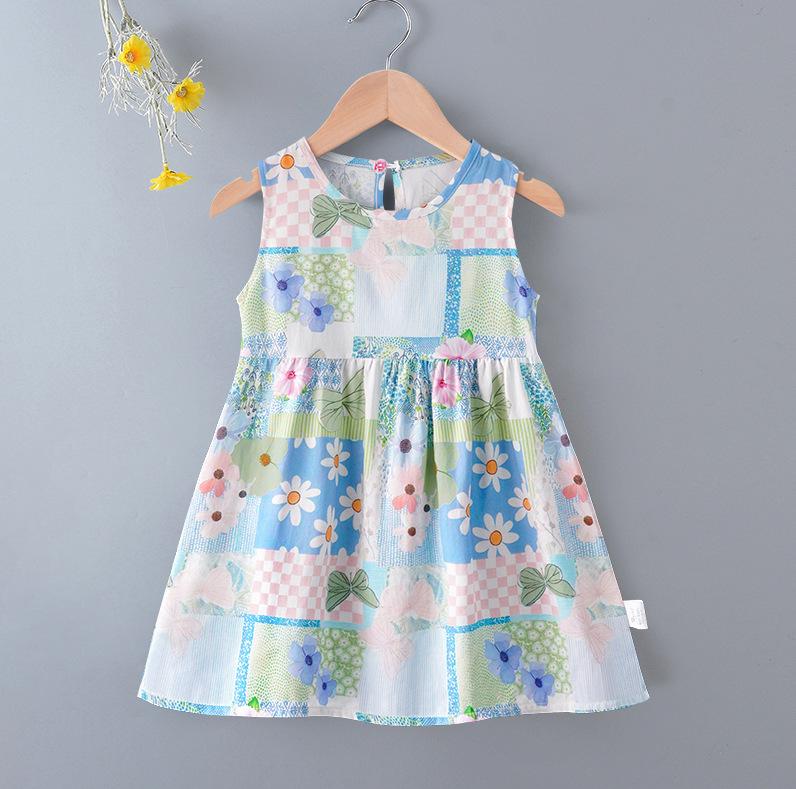 Girls' Floral Summer Princess Beach Dress, Cotton Silk Tank, A-line Skirt